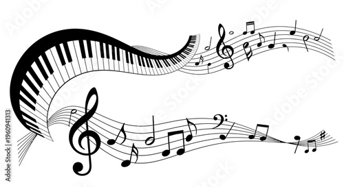 Abstract Musical Composition with Piano Keys and Flowing Staff Notes