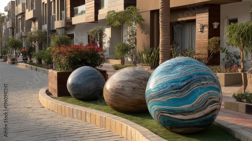 Swirled orb sculptures grace a modern, urban street