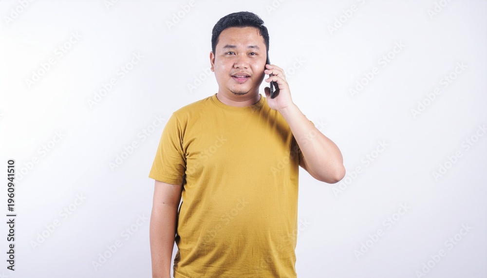 Fototapeta premium A young man smiling while talking on his cellphone and standing casually in jeans and a shirt