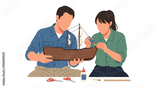 Crafting a Dream: A collaborative pursuit unfolds as a couple diligently works together, engrossed in building a miniature sailboat, showcasing creativity and the pleasure of shared hobbies.