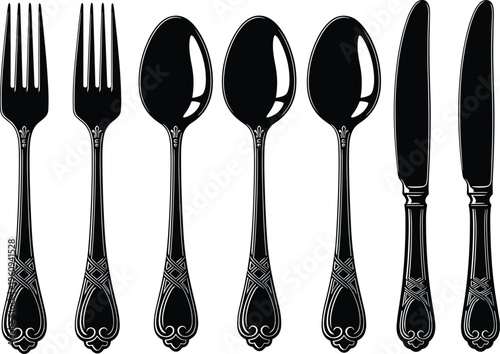 Vintage black cutlery silhouette set featuring ornate forks, spoons, and knives with decorative handles for elegant dining vector illustration design