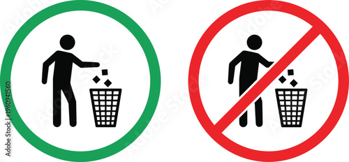 Waste disposal signage icons showing proper trash bin use with green circle approval and red prohibition symbol for public cleanliness