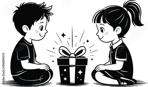 Two children silhouette sitting with gift box, joyful black and white illustration symbolizing celebration, surprise, holiday, birthday, and festive moments