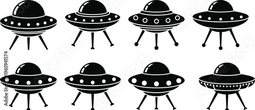 UFO silhouette illustrations featuring dome tops, circular bases, and landing legs for science fiction, extraterrestrial, and creative design projects