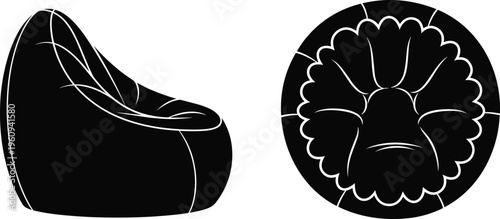 Unique ergonomic chair silhouette showing side and top views with plush cushioning, circular design, and modern furniture illustration vector