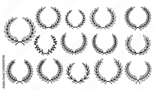 A collection of black and white laurel wreath vector illustrations