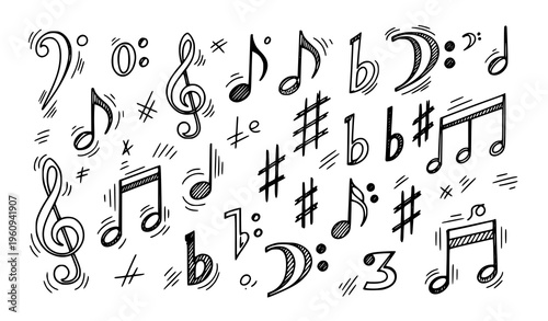 A collection of musical notes and symbols in a hand-drawn vector illustration