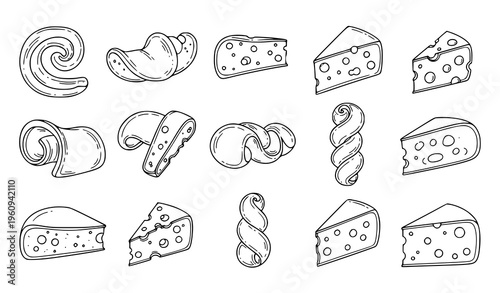 A vector graphic illustration of various cheese types and shapes