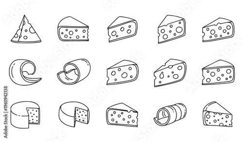 A set of cheese icons in a minimalist line art style