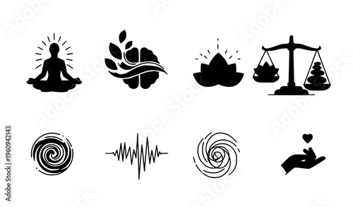A set of minimalist vector icons representing wellness and balance