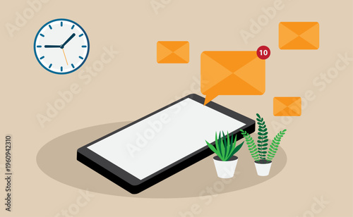 Smartphone messaging notifications with emails and alerts, Concept of communication, messaging apps, and real-time notifications.