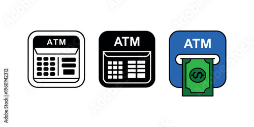 Atm in black and white and color symbols banking finance money in white background.