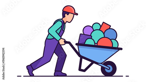 Laborious Effort: An illustrated construction worker diligently pushes a fully-laden wheelbarrow, showcasing the dedication and effort in construction endeavors.