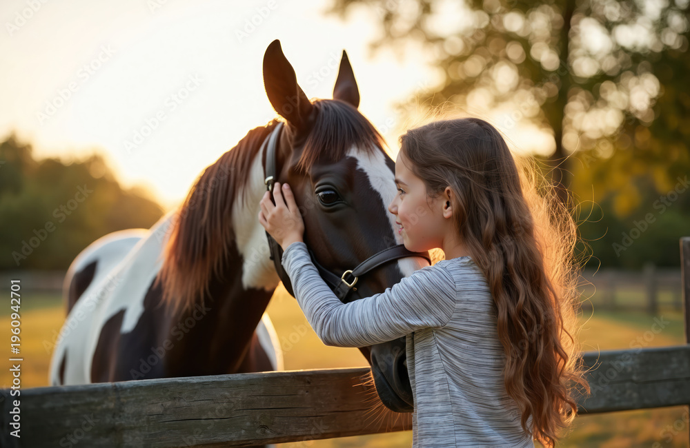 Obraz premium Young girl gently hugs horse. Child bonds with equine at farm. Friendship develops during sunset. Rural childhood moments connect girl and animal.