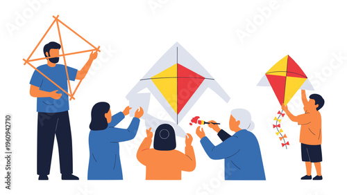 Family Kite Day: A heartwarming illustration of a family engaged in the joyful activity of kite-making and flying on a sunny day. Capturing the essence of togetherness, creativity.