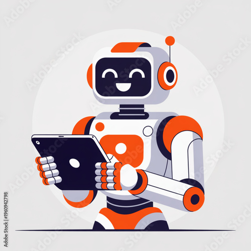 Smart Robot Using Tablet: A futuristic robot, with a sleek and modern design, is absorbed in interacting with a tablet. The scene highlights the intersection of technology and artificial intelligence.