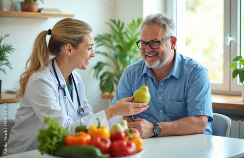 Doctor consults patient about healthy eating and weight loss. Nutritionist shows pear, vegetables for diet plan. Healthcare visit for wellness and mindful food choices in clinic.