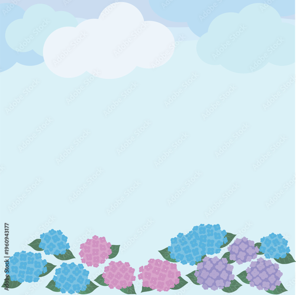 Obraz premium 紫陽花と雲の正方形フレーム背景 ベクター（梅雨・かわいい・空・コピースペース）SNS・バナー・カード用デザイン素材