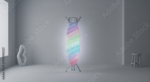 Abstract artwork of a colorful ironing board in a room.
