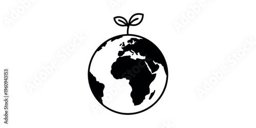 Black and white of earth with a plant growing out of it globe leaf in white background.