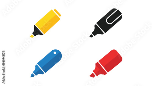 Colorful set of four highlighter pens in different vibrant colors