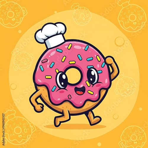 Cartoon donut chef with pink icing and sprinkles running.