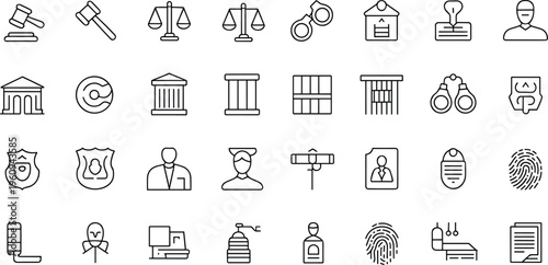 Law icons, justice symbols, police vector, legal illustration, courthouse drawing, gavel silhouette, fingerprint design, handcuffs art, scales balance, security