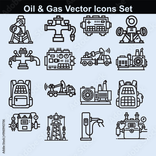 Oil and gas exploration and processing equipment icons for industry.
