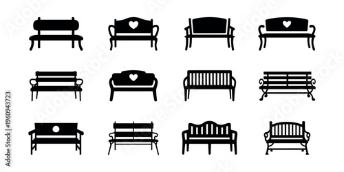 Black silhouettes of various benches and sofas furniture in white background.