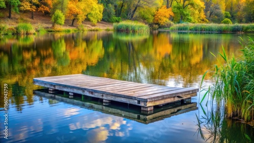 Serene Autumnal Reflection A Wooden Dock Extending Over Calm Water, Mirroring Vibrant Fall Foliage