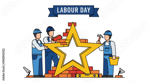 Labor Day Construction: A celebration of Labour Day, depicted by construction workers diligently building a star from bricks, symbolizing the dedication and effort that defines labor. 