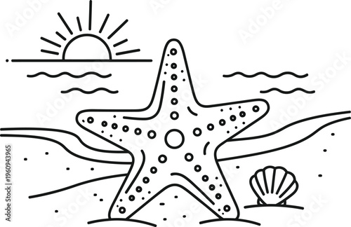 Starfish on beach line art summer sea illustration