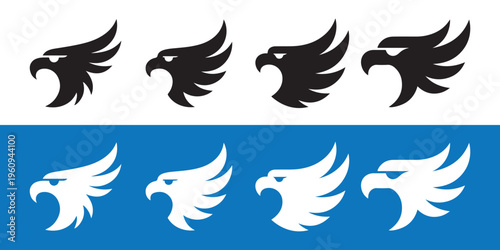 Collection of stylized roaring eagle head logos in black and white vector graphic design, ideal for branding.