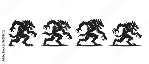 Werewolf Monster Animation Sequence Vector Silhouette on White Background, Depicting Aggressive Creature Progression.
