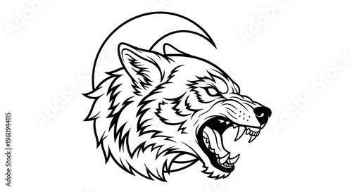 Aggressive Wolf Head Illustration with Crescent Moon Line Art