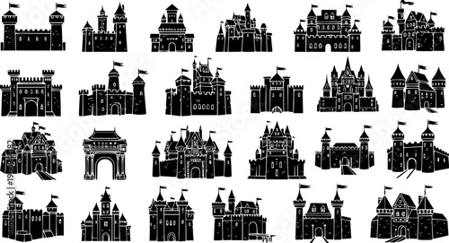 Medieval Castle and Royal Fortress Silhouette Collection - Ancient Stronghold and Fairytale Palace Vector Set