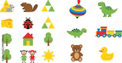Cute Kids Elements Icons Set Featuring Animals, Toys, Nature Objects, Children Characters, Dinosaur, Train, Duck and Colorful Educational Cartoon Collection Design.