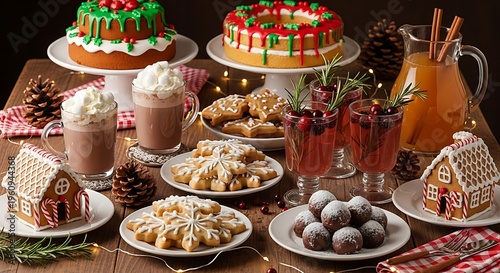Festive Holiday Treats and Beverages Displayed on Table.