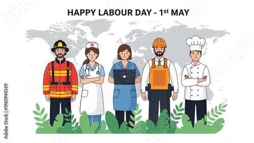 Happy Labour Day – 1st May: Diverse professionals in their work attire, united in celebration of Labour Day. A tribute to the dedication and contribution of the workforce.