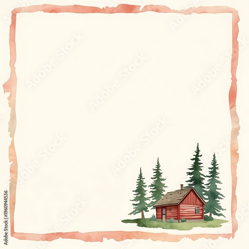 Minimal Journal Page with Small Watercolor Red Cabin in Bottom Corner