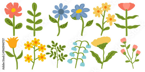 Hand drawn cute summer floral elements vector set. Spring and summer hand drawn flowers set. Collection spring blossom icons. Floral elements, wildflower doodle