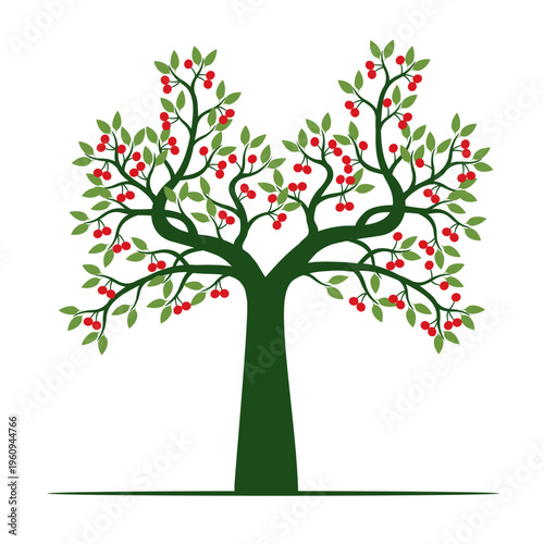 Green Tree with red Fruits. Outline Illustration. Plant in Garden.