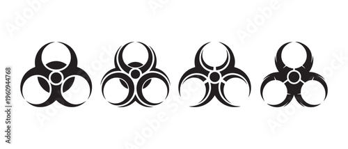 Set of Black Biohazard Symbols on White Background Representing Danger and Biological Risk.