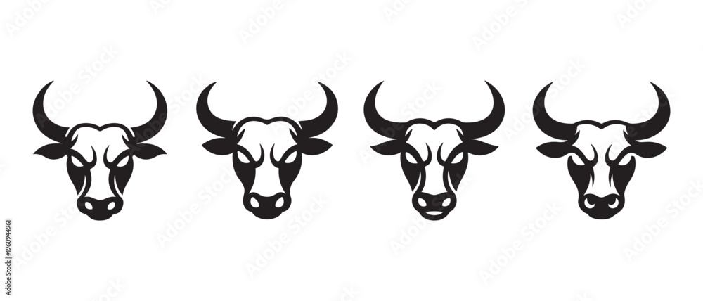 Obraz premium Row of Stylized Bull Head Vector Icons in Black and White, Symbolizing Power and Determination.
