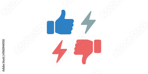 Blue thumbs up with gray lightning bolt and red thumbs down with red lightning bolt on white background