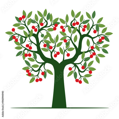Green Tree with red Fruits. Outline Illustration. Plant in Garden.