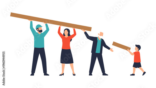 Building Dreams Together: A diverse family unit works in unison, constructing a vision of togetherness, holding a long wooden beam with purpose and care.