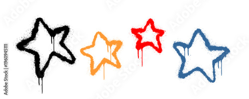 Set of Four Colorful Graffiti Star Tags in Red Blue and Yellow with Authentic Spray Paint Drips.