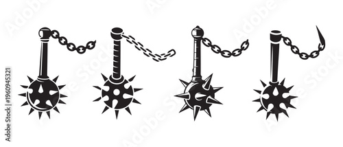 Collection of Medieval Mace Flail Weapons with Spiked Balls and Chains, Presented as Black Silhouettes on a Clean White Background.