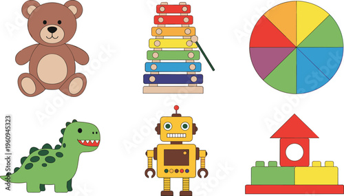 Cute Kids Toys Icons Set Featuring Teddy Bear, Xylophone, Color Wheel, Dinosaur, Robot and Building Blocks for Educational Cartoon Design.